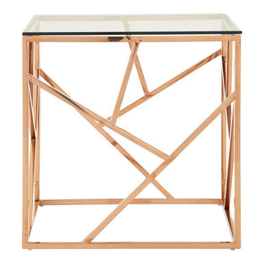 Rose Gold Geometric Stainless Steel End Table With Tempered Glass Top, Allure