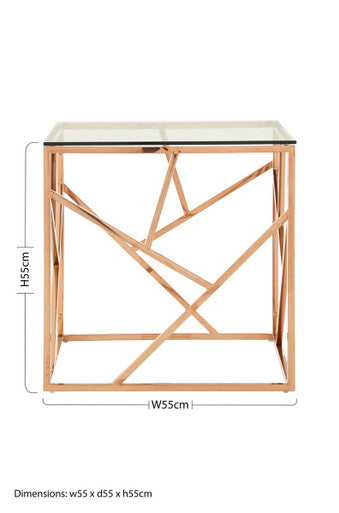 Rose Gold Geometric Stainless Steel End Table With Tempered Glass Top, Allure