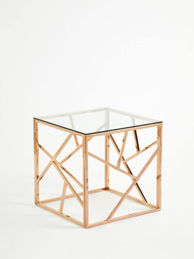 Rose Gold Geometric Stainless Steel End Table With Tempered Glass Top, Allure