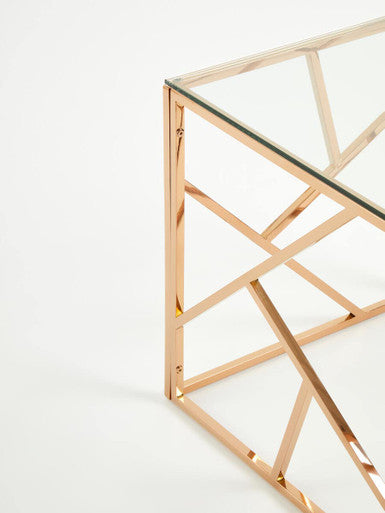 Rose Gold Geometric Stainless Steel End Table With Tempered Glass Top, Allure