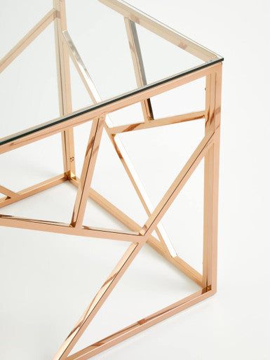 Rose Gold Geometric Stainless Steel End Table With Tempered Glass Top, Allure