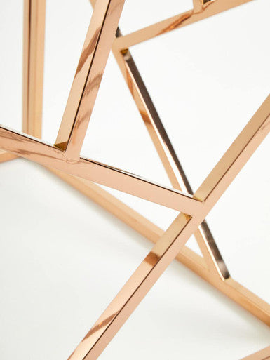 Rose Gold Geometric Stainless Steel End Table With Tempered Glass Top, Allure