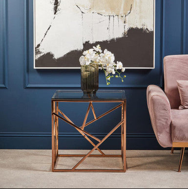 Rose Gold Geometric Stainless Steel End Table With Tempered Glass Top, Allure