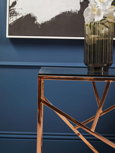 Rose Gold Geometric Stainless Steel End Table With Tempered Glass Top, Allure