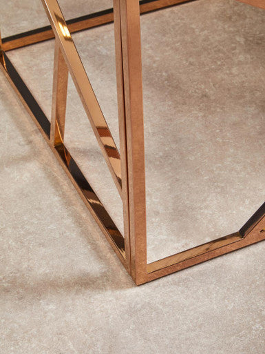 Rose Gold Geometric Stainless Steel End Table With Tempered Glass Top, Allure