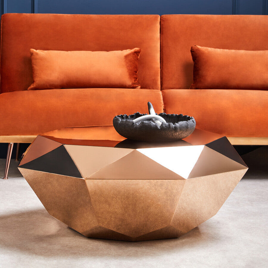 Gold Diamond Cut Stainless Steel Coffee Table With Hexagonal Tabletop, Allure