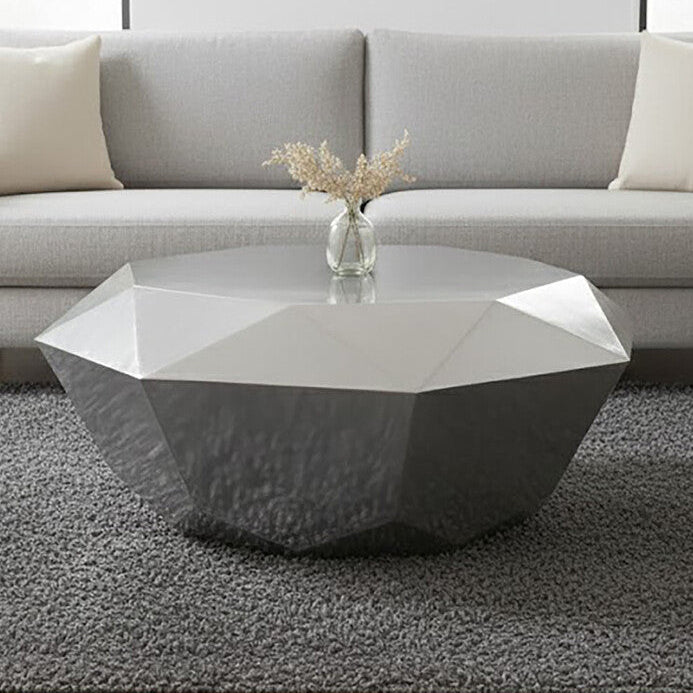 Silver Diamond Cut Stainless Steel Coffee Table With Hexagonal Tabletop, Allure