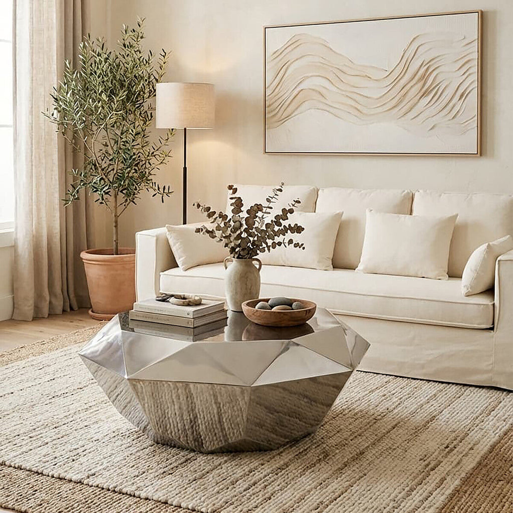 Silver Diamond Cut Stainless Steel Coffee Table With Hexagonal Tabletop, Allure