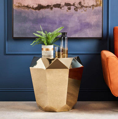 Champagne Gold Diamond Cut Stainless Steel End Table With Hexagonal Tabletop, Allure
