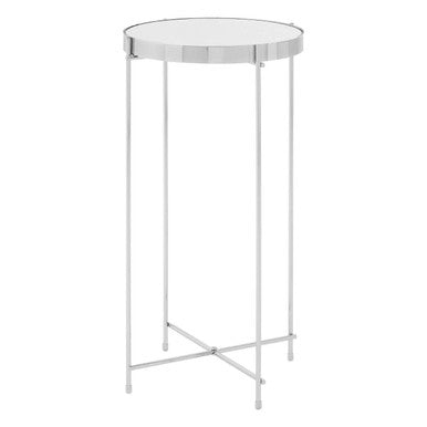 Mirrored Glass Top Tall Side Table With Silver Slim Metal Legs, Allure