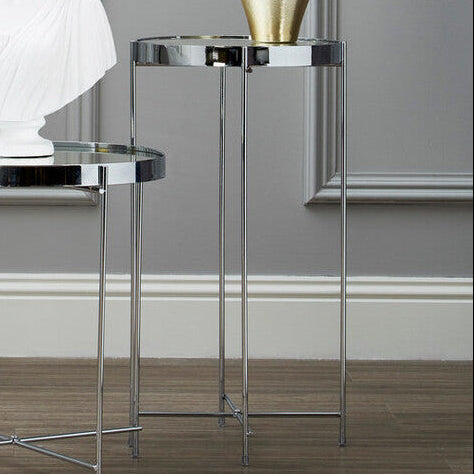 Mirrored Glass Top Tall Side Table With Silver Slim Metal Legs, Allure