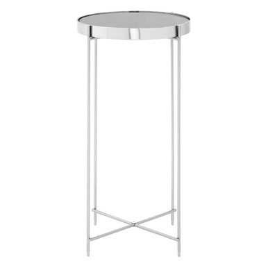 Mirrored Glass Top Tall Side Table With Grey Slim Metal Legs, Allure