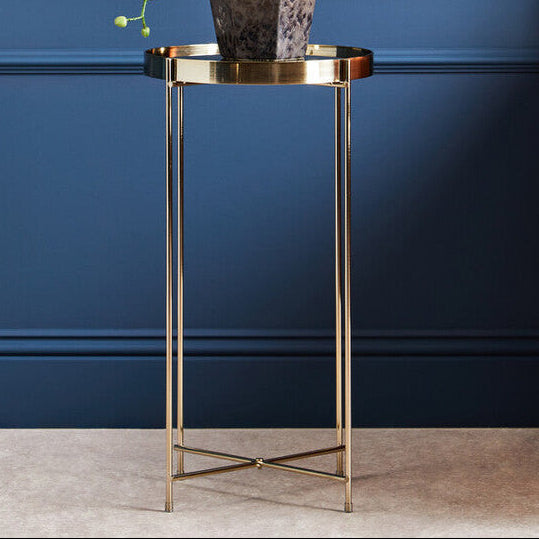 Mirrored Glass Top Tall Side Table With Black Slim Metal Legs, Allure