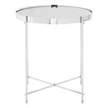 Mirrored Glass Round Top Side Table With Silver Chrome Band & Slim Metal Legs, Allure