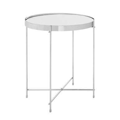 Mirrored Glass Round Top Side Table With Silver Chrome Band & Slim Metal Legs, Allure