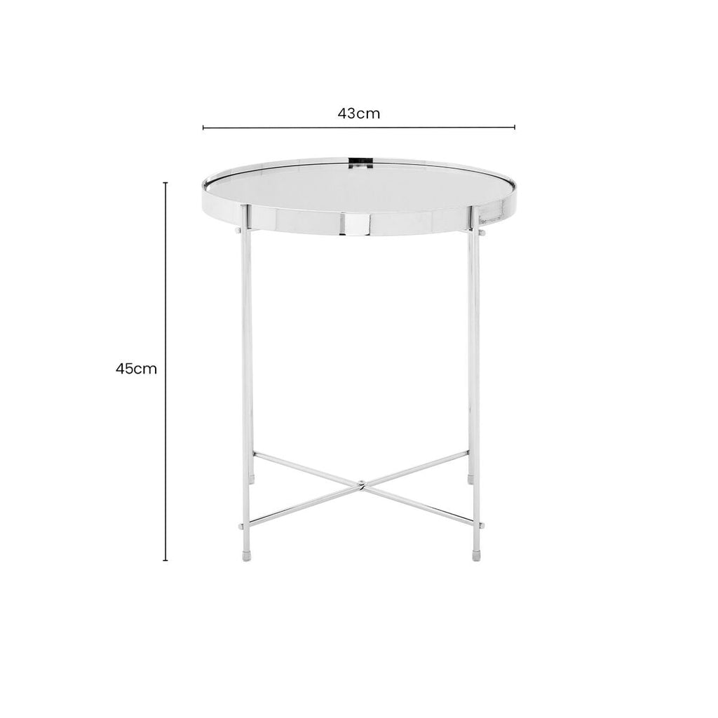 Mirrored Glass Round Top Side Table With Silver Chrome Band & Slim Metal Legs, Allure