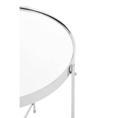 Mirrored Glass Round Top Side Table With Silver Chrome Band & Slim Metal Legs, Allure