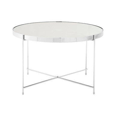 Large Round Mirrored Glass Top Side Table With Silver Chrome Lattice Base, Allure
