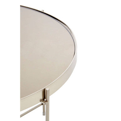 Large Round Grey Mirrored Side Table With Brushed Nickel Lattice Base, Allure