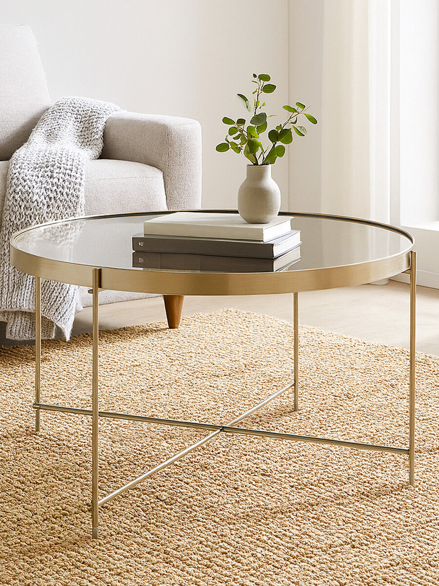 Large Round Grey Mirrored Side Table With Brushed Nickel Lattice Base, Allure
