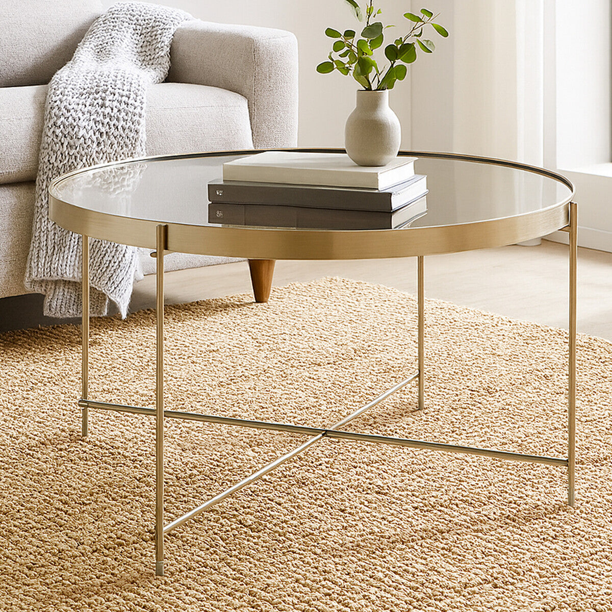 Large Round Grey Mirrored Side Table With Brushed Nickel Lattice Base, Allure