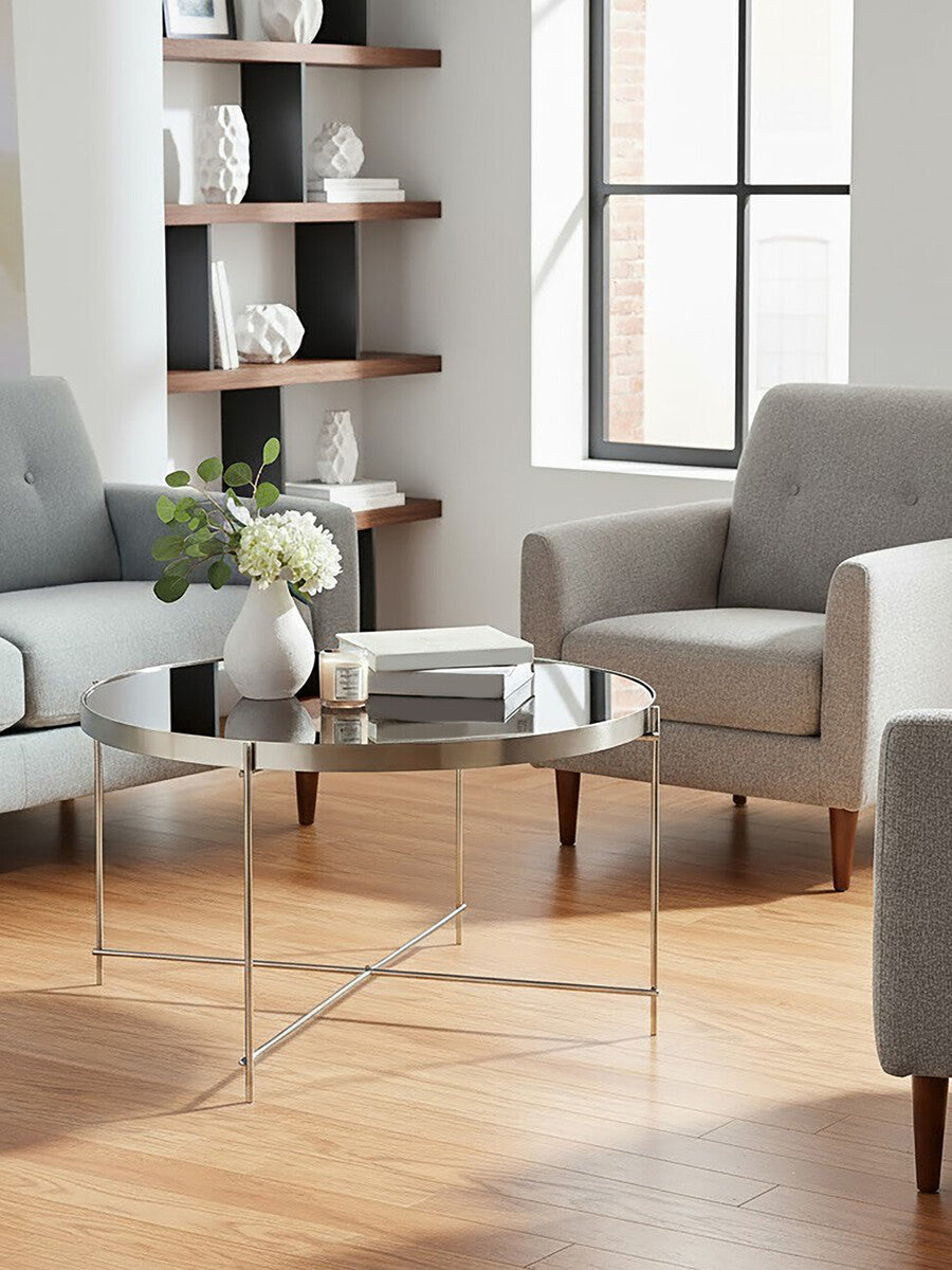 Large Round Grey Mirrored Side Table With Brushed Nickel Lattice Base, Allure