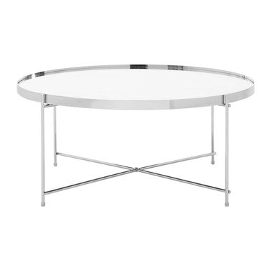 Silver Mirrored Glass Top Coffee Table With Chrome Metal Legs, Allure