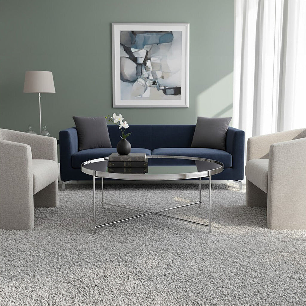 Silver Mirrored Glass Top Coffee Table With Chrome Metal Legs, Allure