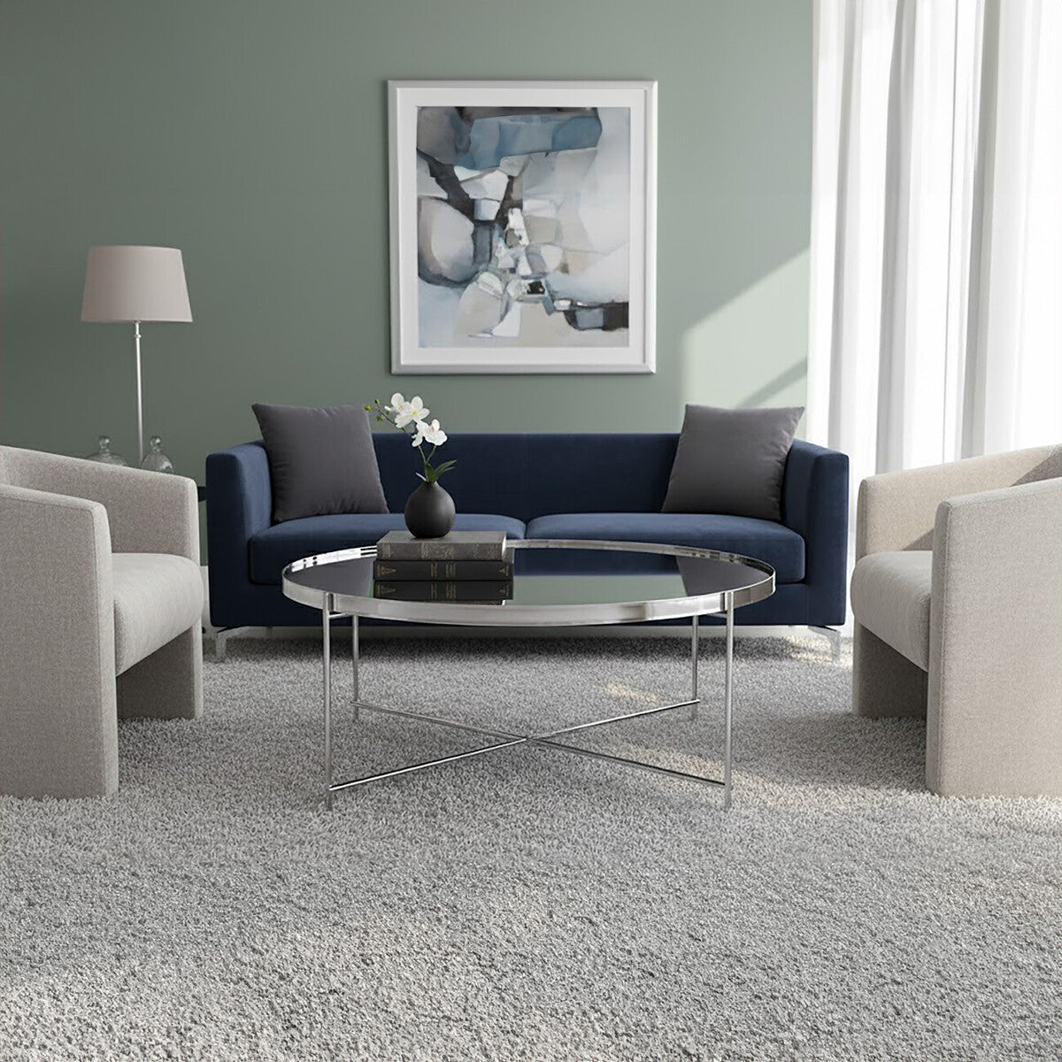 Silver Mirrored Glass Top Coffee Table With Chrome Metal Legs, Allure