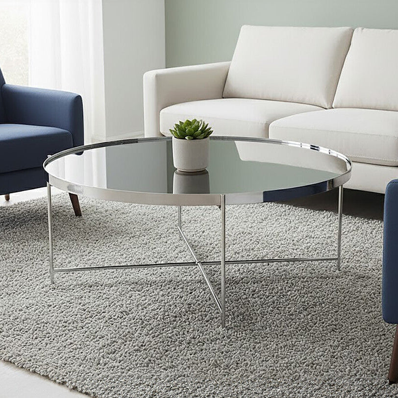 Silver Mirrored Glass Top Coffee Table With Chrome Metal Legs, Allure