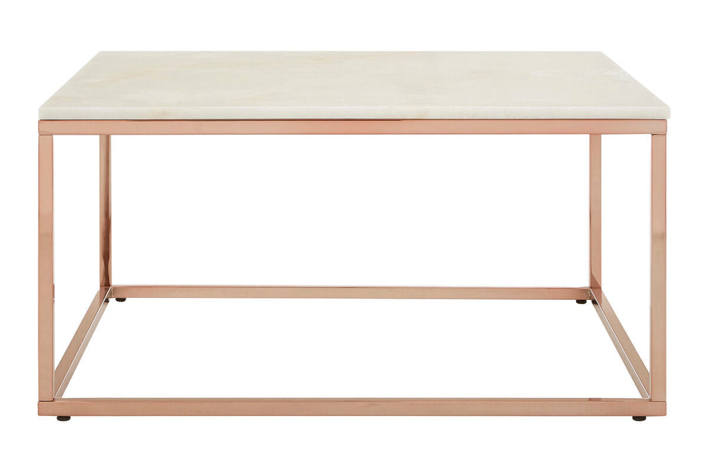 Square White Marble Top Coffee Table In Rose Gold Stainless Steel Legs, Allure