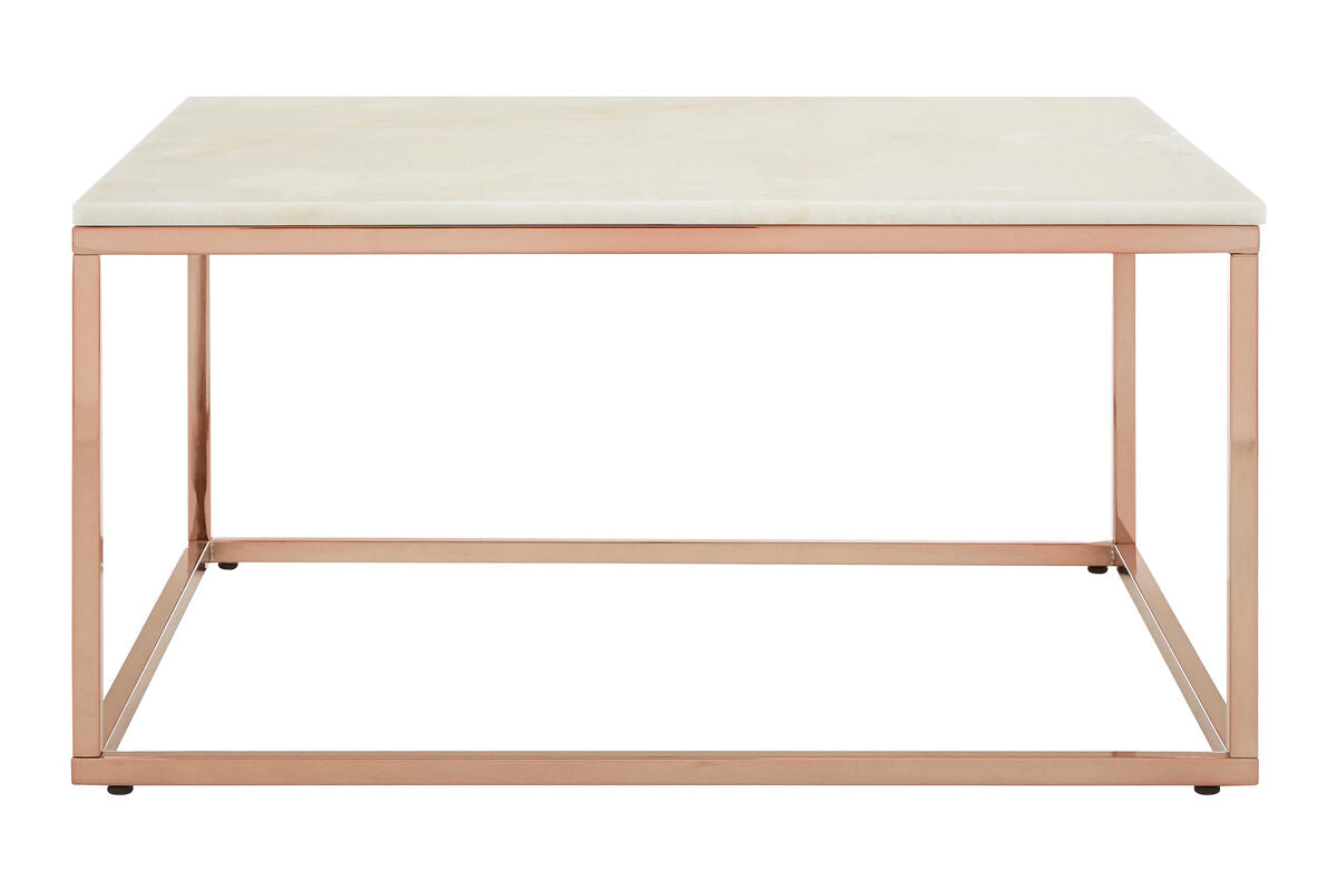 Square White Marble Top Coffee Table In Rose Gold Stainless Steel Legs, Allure