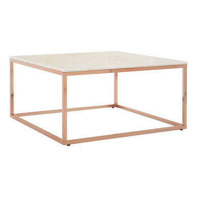 Square White Marble Top Coffee Table In Rose Gold Stainless Steel Legs, Allure