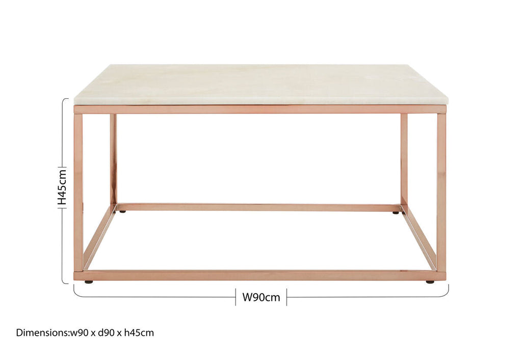 Square White Marble Top Coffee Table In Rose Gold Stainless Steel Legs, Allure