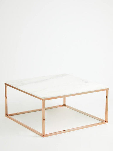 Square White Marble Top Coffee Table In Rose Gold Stainless Steel Legs, Allure