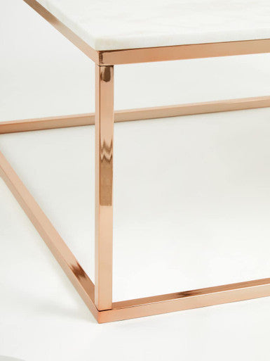 Square White Marble Top Coffee Table In Rose Gold Stainless Steel Legs, Allure