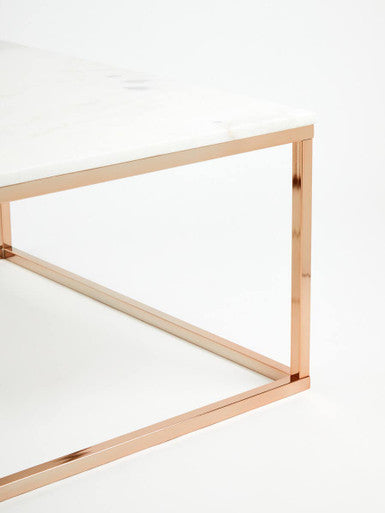 Square White Marble Top Coffee Table In Rose Gold Stainless Steel Legs, Allure