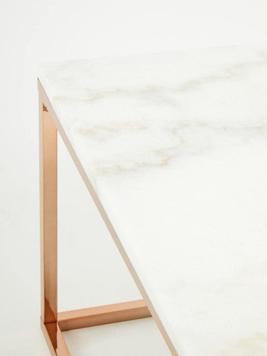 Square White Marble Top Coffee Table In Rose Gold Stainless Steel Legs, Allure