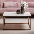 Square White Marble Top Coffee Table In Rose Gold Stainless Steel Legs, Allure