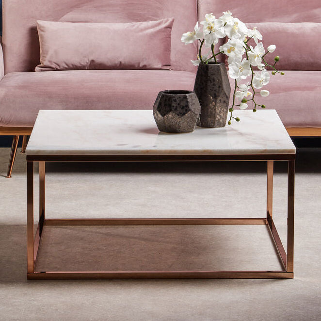 Square White Marble Top Coffee Table In Rose Gold Stainless Steel Legs, Allure