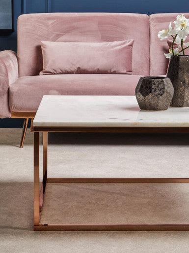 Square White Marble Top Coffee Table In Rose Gold Stainless Steel Legs, Allure