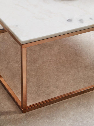 Square White Marble Top Coffee Table In Rose Gold Stainless Steel Legs, Allure