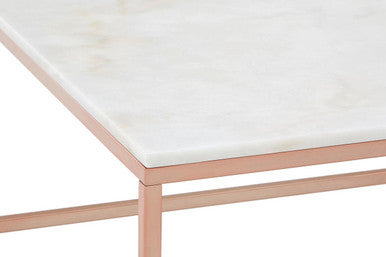Square White Marble Top Coffee Table In Rose Gold Stainless Steel Legs, Allure