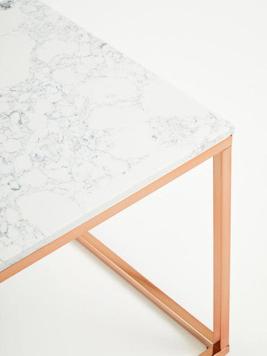 Square White Marble Top End Table With Rose Gold Metal Frame, Allure