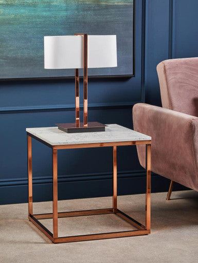 Square White Marble Top End Table With Rose Gold Metal Frame, Allure
