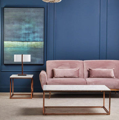 Square White Marble Top End Table With Rose Gold Metal Frame, Allure