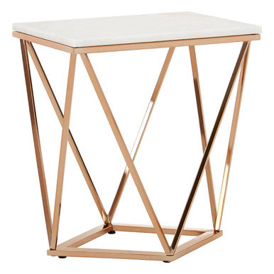 White Marble Champagne Rectangular End Table With Rose Gold Metal Frame, Allure