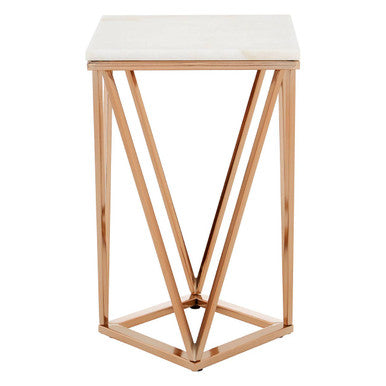White Marble Champagne Rectangular End Table With Rose Gold Metal Frame, Allure