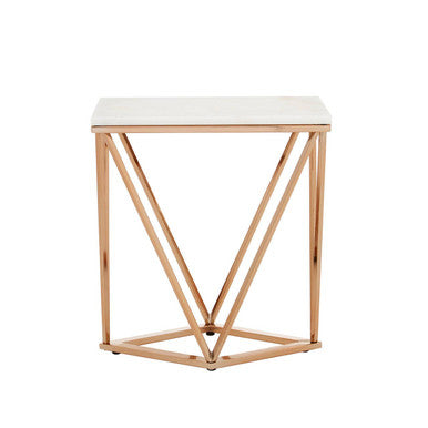 White Marble Champagne Rectangular End Table With Rose Gold Metal Frame, Allure