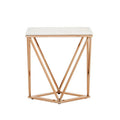 White Marble Champagne Rectangular End Table With Rose Gold Metal Frame, Allure